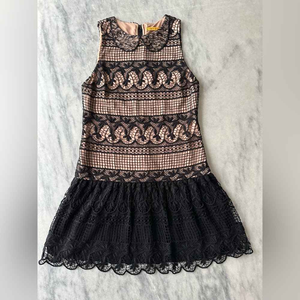 Alice + Olivia Black and Tan Lace Crochet Peri Dress Sz 6
